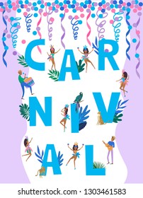 Brazil Carnival poster template with Brazilian samba dancer. Carnival in Rio de Janeiro with girls wearing a festival costume. Editable vector illustration