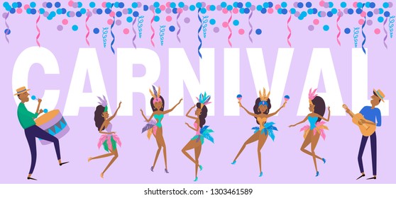 Brazil Carnival poster template with Brazilian samba dancer. Carnival in Rio de Janeiro with girls wearing a festival costume. Editable vector illustration