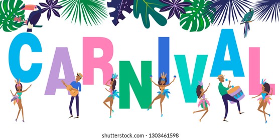 Brazil Carnival poster template with Brazilian samba dancer. Carnival in Rio de Janeiro with girls wearing a festival costume. Editable vector illustration