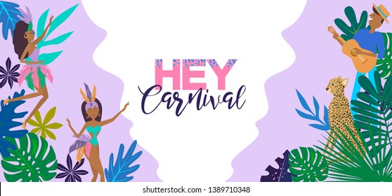 Brazil Carnival poster template with Brazilian samba dancer, tropical plant and leopard. Carnival in Rio de Janeiro with girls wearing a festival costume. Editable vector illustration