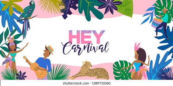 Brazil Carnival poster template with Brazilian samba dancer, tropical plant and leopard. Carnival in Rio de Janeiro with girls wearing a festival costume. Editable vector illustration