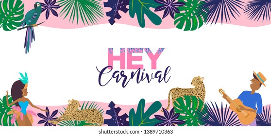 Brazil Carnival poster template with Brazilian samba dancer, tropical plant and leopard. Carnival in Rio de Janeiro with girls wearing a festival costume. Editable vector illustration