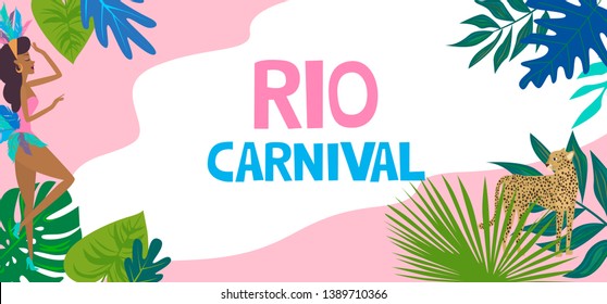 Brazil Carnival poster template with Brazilian samba dancer, tropical plant and leopard. Carnival in Rio de Janeiro with girls wearing a festival costume. Editable vector illustration