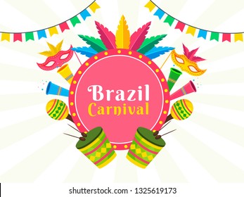 Brazil Carnival poster or template design with party masks and musical instruments in flat style.