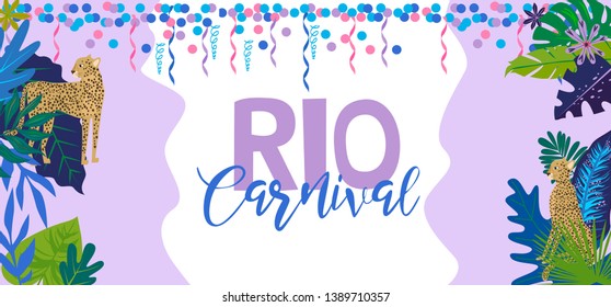 Brazil Carnival poster template with tropical plant and leopard. Carnival in Rio de Janeiro. Editable vector illustration