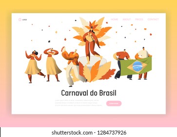 Brazil Carnival Samba Dancer Character Landing Page. Man Woman Dance at Brazilian Latin Exotic Festival. Vivid Beautiful Multicolor Parade for Website or Web Page Flat Cartoon Vector Illustration