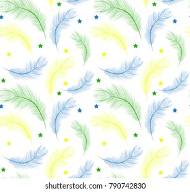 Brazil Carnival seamless pattern with feathers blue, yellow, green color. Repeating texture. Peacock feather endless background. Vector illustration