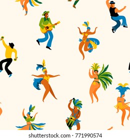 Brazil carnival. Seamless pattern with funny dancing men and women in bright costumes. Design element for carnival concept and other users