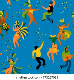 Brazil carnival. Seamless pattern with funny dancing men and women in bright costumes. Design element for carnival concept and other users