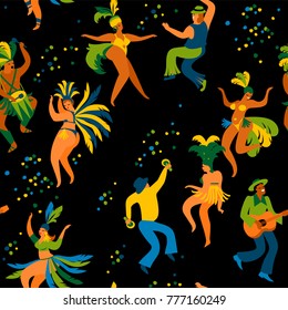 Brazil carnival. Seamless pattern with funny dancing men and women in bright costumes. Design element for carnival concept and other users