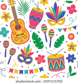 Brazil Carnival seamless pattern with guitar, maracas, drums, masks with feathers, flowers, leaves, garlands and confetti on white background. Music festival. Vector flat illustration for wallpaper