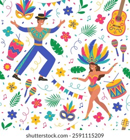 Brazil Carnival seamless pattern with man and woman in costumes with feathers, guitar, maracas, drums, masks, flowers, leaves, garlands and confetti. Vector flat illustration for wallpaper, textile