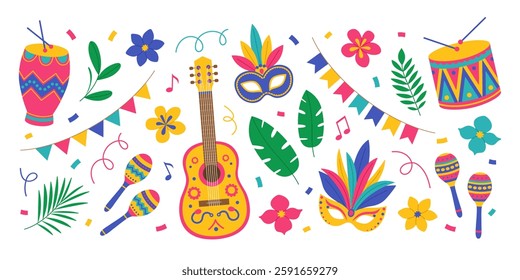 Brazil Carnival set with guitar, maracas, drums, masks with feathers, flowers, leaves, garlands and confetti. Festival elements collection. Vector flat illustration for banner, poster