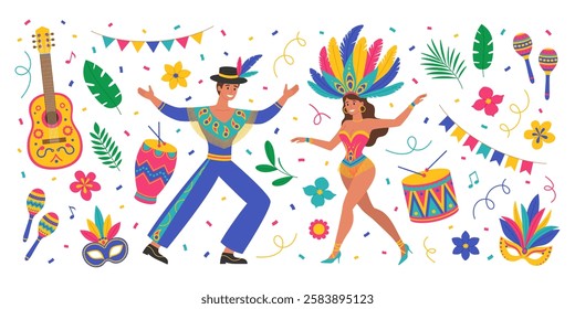 Brazil Carnival set with man and woman in costumes with feathers, guitar, maracas, drums, masks, flowers, leaves, garlands and confetti. Music festival. Vector flat illustration for banner, poster