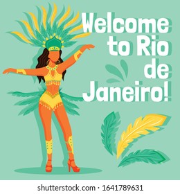 Brazil carnival social media post mockup. Welcome to Rio de Janeiro phrase. Web banner design template. Woman costume booster, content layout with inscription. Poster, print ads and flat illustration