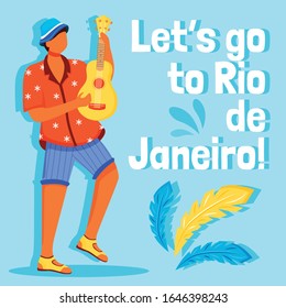 Brazil carnival social media post mockup. Lets go to Rio de Janeiro phrase. Web banner design template. Traditional music booster, content layout, inscription. Poster, print ads and flat illustration