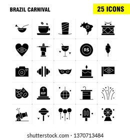 Brazil Carnival Solid Glyph Icon Pack For Designers And Developers. Icons Of Tea, Cup, Coffee, Tablet, Currency, Coin, Money, Cannon, Vector