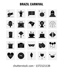 Brazil Carnival Solid Glyph Icon Pack For Designers And Developers. Icons Of Tea, Cup, Coffee, Tablet, Currency, Coin, Money, Cannon, Vector