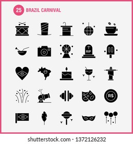 Brazil Carnival Solid Glyph Icon Pack For Designers And Developers. Icons Of Tea, Cup, Coffee, Tablet, Currency, Coin, Money, Cannon, Vector