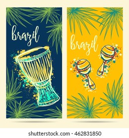 Brazil carnival symbols. Drum tam tam, maracas and palm leaves.Design concept for greeting card, banner, invitation for brazil party. Vector illustration