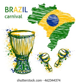 Brazil carnival symbols. Drums tam tam, maracas and brazil map with brazil flag colors. Design concept for banner, card, t-shirt, print, poster. Vector illustration