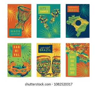 Brazil carnival template design for posters, banners, flyers, placards, brochures. Drums tam tam, maracas, brazil map, parrot, mask and palm leaves. Traditional symbols set. Vector illustration 