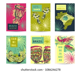 Brazil carnival template design for posters, banners, flyers, placards, brochures. Drums tam tam, maracas, brazil map, parrot, mask and palm leaves. Traditional symbols set. Vector illustration 