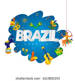 Brazil Carnival Text with Samba Woman, Mask, Circus Elephant and Music Instrument on Abstract Background.