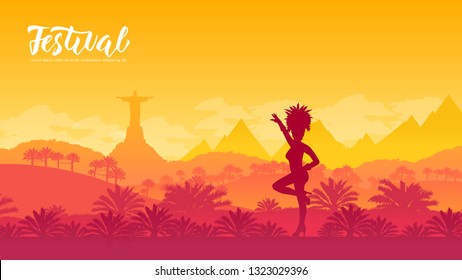 Brazil Carnival vector banner template. Rio De Janeiro flat illustration with text space. Traditional festival. Minimalistic landscape. Female dancer silhouette. Panoramic view travel postcard design