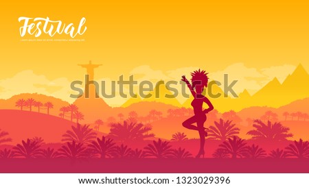 Brazil Carnival vector banner template. Rio De Janeiro flat illustration with text space. Traditional festival. Minimalistic landscape. Female dancer silhouette. Panoramic view travel postcard design