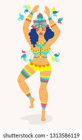 Brazil Carnival. Vector illustration with brazilian dancing girl with feathers and flowers