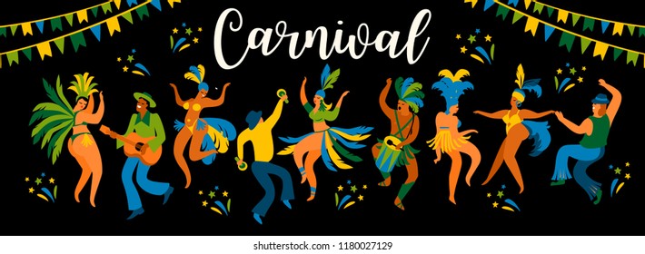 Brazil carnival. Vector illustration of funny dancing men and women in bright costumes. Design element for carnival concept and other users