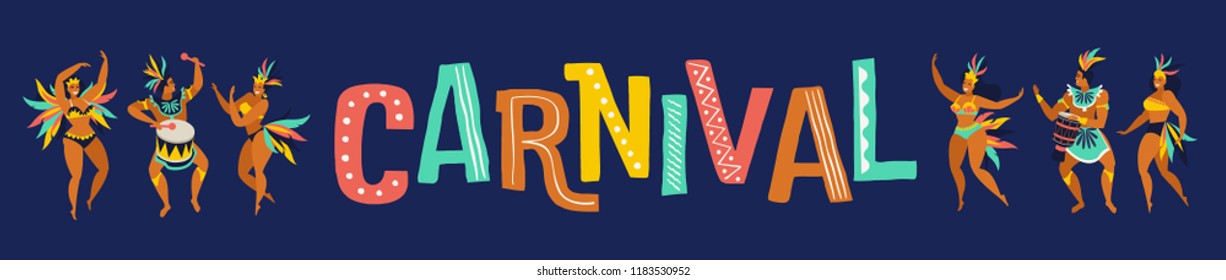 	
Brazil carnival. Vector illustration of funny dancing men and women in bright costumes. Design element for carnival concept.