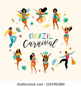 Brazil carnival. Vector illustration of funny dancing men and women in bright costumes. Design elements for carnival concept and other users