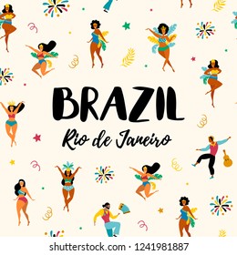 Brazil carnival. Vector illustration of funny dancing men and women in bright costumes. Design elements for carnival concept and other users