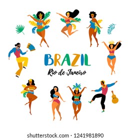 Brazil carnival. Vector illustration of funny dancing men and women in bright costumes. Design elements for carnival concept and other users