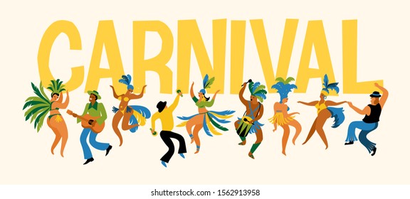 Brazil carnival. Vector illustration of funny dancing men and women in bright costumes. Design element for carnival concept and other users