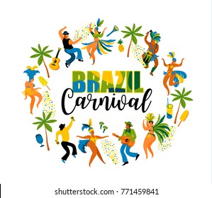 Brazil carnival. Vector illustration of funny dancing men and women in bright costumes. Design element for carnival concept and other users