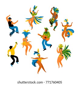 Brazil carnival. Vector illustration of funny dancing men and women in bright costumes. Design element for carnival concept and other users