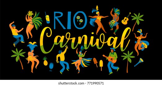 Brazil carnival. Vector illustration of funny dancing men and women in bright costumes. Design element for carnival concept and other users