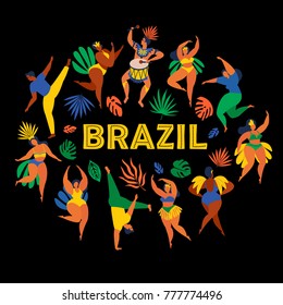 Brazil carnival. Vector illustration of funny dancing men and women in bright costumes. Design element for carnival concept