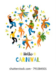 Carnaval de Brasil. Imagen vectorial de hombres y mujeres bailarines divertidos con trajes brillantes. Elemento de diseño para el concepto de carnaval y otros usuarios