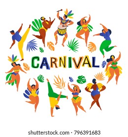 Brazil carnival. Vector illustration of funny dancing men and women in bright costumes. Design element for carnival concept