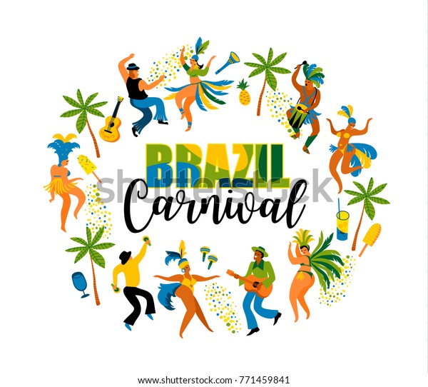 ブラジルのカーニバル 明るい衣装を着た男性と女性が踊るおかしな踊りのベクターイラスト カーニバルのコンセプトや他のユーザーのデザインエレメント のベクター画像素材 ロイヤリティフリー
