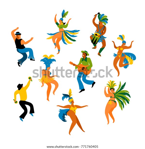 ブラジルのカーニバル 明るい衣装を着た男性と女性が踊るおかしな踊りのベクターイラスト カーニバルのコンセプトや他のユーザーのデザインエレメント のベクター画像素材 ロイヤリティフリー