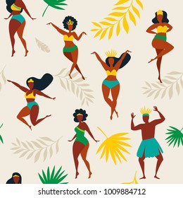 Brazil carnival. Vector seamless pattern with flat characters. Brazilian samba dancers of the carnival in Rio de Janeiro. Girls and boys in festive suits. Vector Illustration.