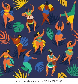 	
Brazil carnival. Vector seamless pattern with flat characters. Brazilian samba dancers of the carnival in Rio de Janeiro. Girls and boys in festive suits. Vector Illustration.