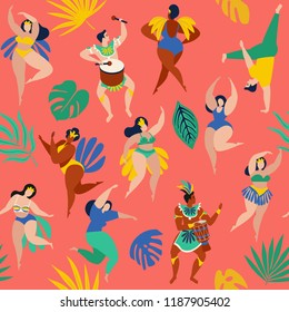 Brazil carnival. Vector seamless pattern with flat characters. Brazilian samba dancers of the carnival in Rio de Janeiro. Girls and boys in festive suits. Vector Illustration.