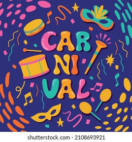 Brazil Carnival. Vector templates with abstract trendy elements. Vector hand-drawn carnival lettering. Party, poster, card, invitation. Happy carnival festive concept. Festival. Music