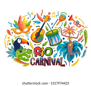 Brazil carnival. Vector templates with trendy abstract elements with masquerade masks, maracas, toucan, musical instruments, vector illustration on a white background